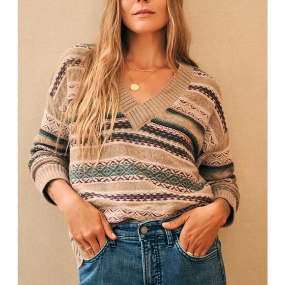 Faherty Highland Fair Isle Sweater Woens Medium Brown Stripe V Neck Wool Blend - Picture 1 of 10